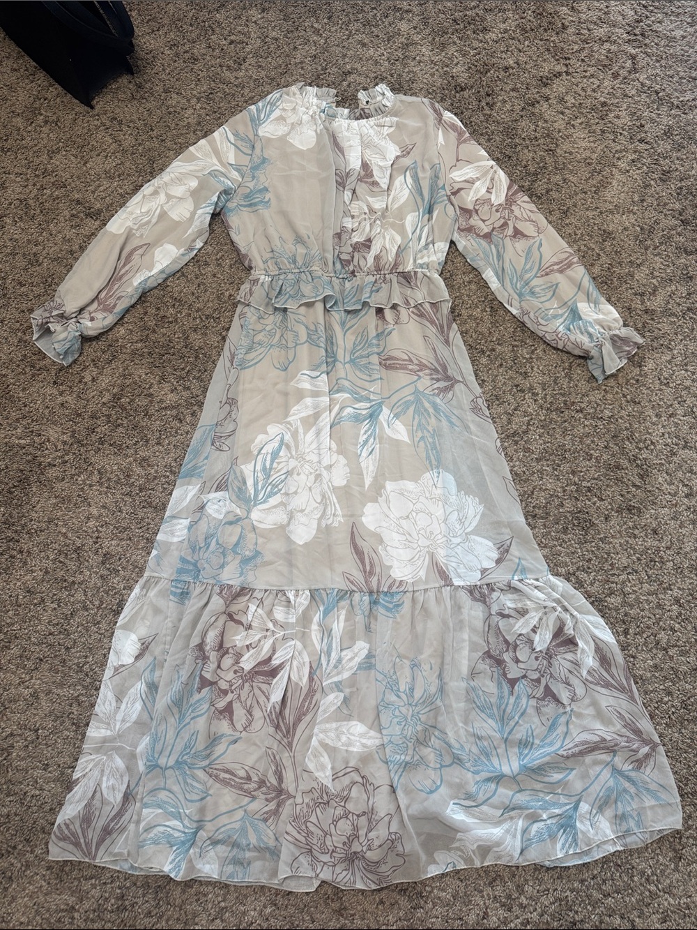 Light Gray Floral Maxi Dress with Blue Accents